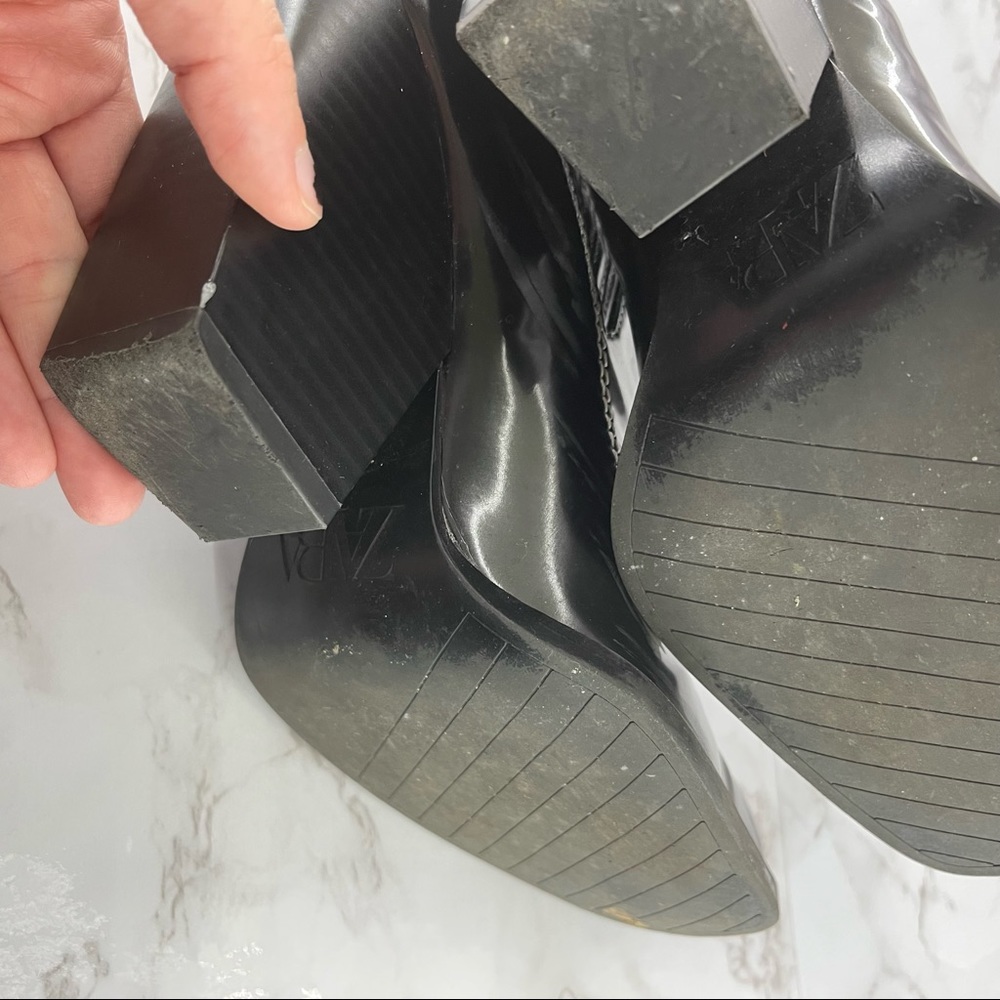 Zara Topstitched Black Patent Leather Western Boots Heeled Square Toe Slip On 5 - Picture 5 of 8